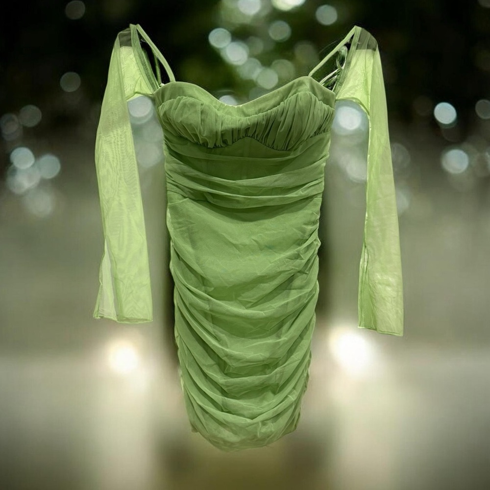 Oh Polly Lime Green Ruched Mesh Bodycon Mini Dress - Picture 2 of 5